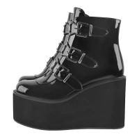 Round Toe Platforms Trible Buckle Straps Side Zipper Gothic Punk Wedges Boots - Black