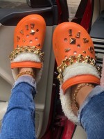 Metal Chain Decorated Plush Fluffy Sandals Slippers - Orange