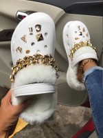 Metal Chain Decorated Plush Fluffy Sandals Slippers - White