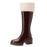 Round Toe Chunky Heels Low Platforms Knee Highs Side Zipper Winter Boots - Auburn