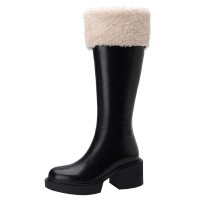 Round Toe Chunky Heels Low Platforms Knee Highs Side Zipper Winter Boots - Black