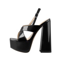 Chunky Heel Peep Toe Cross-tied Decorated Ankle Strap Patent Sandals - Black