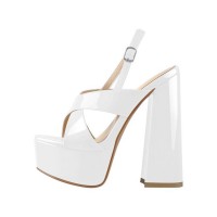 Chunky Heel Peep Toe Cross-tied Decorated Ankle Strap Patent Sandals - White
