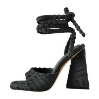 Square Open Toe Ankle Towelling Gladiator Straps Chunky Heels Sandals - Black Flock