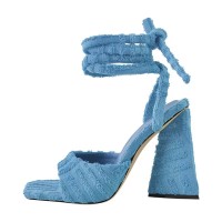 Square Open Toe Ankle Towelling Gladiator Straps Chunky Heels Sandals - Blue Flock