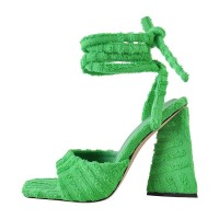 Square Open Toe Ankle Towelling Gladiator Straps Chunky Heels Sandals - Green Flock