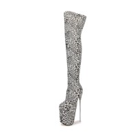 Round Toe Platforms Over The Knee Leopard Print Stiletto Heels Zipper Booties - White