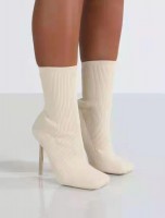 Knitted Strech Stiletto Heels Autumn Socks Ankle Boots - White