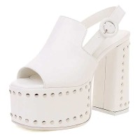 Peep Toe Chunky Heels Rivet Decorated Platforms Slingback Sandals - White