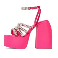Open Square Toe Chunky Heels Platforms Ankle Buckle Straps Bling Rhinestones Sandals - Rose Red