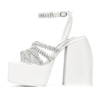 Open Square Toe Chunky Heels Platforms Ankle Buckle Straps Bling Rhinestones Sandals - White