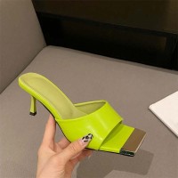 Square Open Toe Metallic Decoration Summer Slides Stiletto Sandals - Green Faux Leather