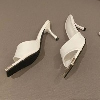Square Open Toe Metallic Decoration Summer Slides Stiletto Sandals - White Faux Leather