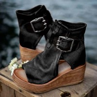 Peep Toe Ankle Buckle Straps Rustic Style Wedges Corc  Sandals - Black Synthetic
