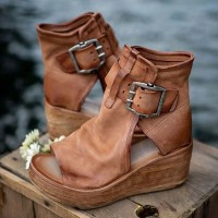 Peep Toe Ankle Buckle Straps Rustic Style Wedges Corc  Sandals - Brown Synthetic
