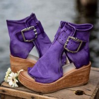 Peep Toe Ankle Buckle Straps Rustic Style Wedges Corc  Sandals - Purple Synthetic