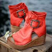 Peep Toe Ankle Buckle Straps Rustic Style Wedges Corc  Sandals - Red Synthetic