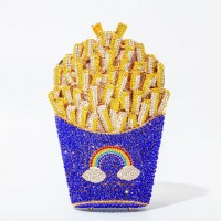 French Fries Chips Shaped Rainbow Rhinestones Mini Clutch Party Purses - Blue
