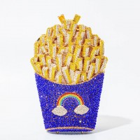 French Fries Chips Shaped Rainbow Rhinestones Mini Clutch Party Purses - Blue