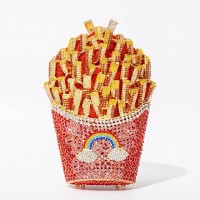 French Fries Chips Shaped Rainbow Rhinestones Mini Clutch Party Purses - Red