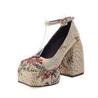 Square Toe Chunky Heels Ankle Buckle Straps Vintage Flower Pattern Sandals - Beige Microfiber