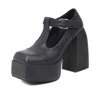 Square Toe Rustic Pueblo Style T Straps Mary Janes Chunky Heels Platforms Pumps - Black Faux Leather