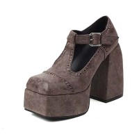 Square Toe Rustic Pueblo Style T Straps Mary Janes Chunky Heels Platforms Pumps - Brown Faux Leather
