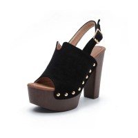 Chunky Heels Platform Peep Toe Buckle Back Strap Outdoor Rivet Sandals  - Black