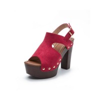 Chunky Heels Platform Peep Toe Buckle Back Strap Flock Outdoor Rivet Sandals  - Red