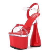 Peep Toe Platforms Chunky Bowling Heels Ankle Buckle Straps Transparent Pumps - Red