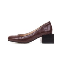 Round Toe Crocodile Embossed Retro Square Low Heels Shoes - Auburn