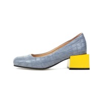 Round Toe Crocodile Embossed Retro Square Low Heels Shoes - Blue