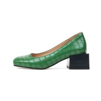 Round Toe Crocodile Embossed Retro Square Low Heels Shoes - Green