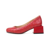 Round Toe Crocodile Embossed Retro Square Low Heels Shoes - Red