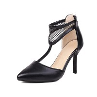 Pointed Toe Italian Heels T-Straps Mesh Zipper Dorsay Pumps - Black