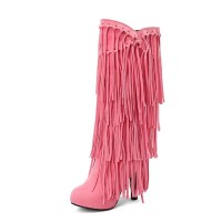 Round Toe Chunky Heels Fringe Decorated Knee highs Boots - Pink Flock