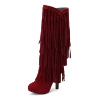 Round Toe Chunky Heels Fringe Decorated Knee highs Boots - Wine Flock
