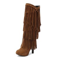 Round Toe Chunky Heels Fringe Decorated Knee highs Boots - Yellow Flock