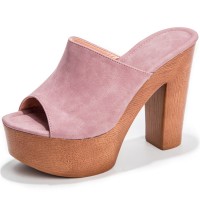 Peep Toe Suede Platforms Chunky Heels Sandals - Pink