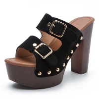 Peep Toe Buckle Straps Rivet Decorated Suede Platforms Chunky Heels Sandals - Black
