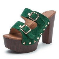 Peep Toe Buckle Straps Rivet Decorated Suede Platforms Chunky Heels Sandals - Green