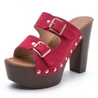 Peep Toe Buckle Straps Rivet Decorated Suede Platforms Chunky Heels Sandals - Red