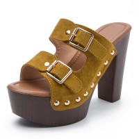 Peep Toe Buckle Straps Rivet Decorated Suede Platforms Chunky Heels Sandals - Yellow
