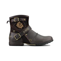 Round Toe Side Zipper Up Motorcycle Western Ankle Buckle Straps Rustic Boots  - Coffee