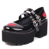 Round Toe Chunky Heels Platforms Sweet Hearts Mary Janes Rock Gothic Double Straps Pumps - Black