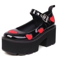 Round Toe Chunky Heels Platforms Sweet Hearts Mary Janes Rock Gothic Pumps - Black