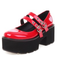 Round Toe Chunky Heels Platforms Sweet Hearts Mary Janes Rock Gothic Double Straps Pumps - Red
