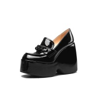 Round Toe Patent Platforms Chain Decorated Loafers - Black