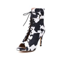 Peep Toe Stiletto Heels Flock Suede Lace Up Spring Gladiator Spring Ankle Straps Sandals Pumps - Cow Black