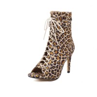 Peep Toe Stiletto Heels Flock Suede Lace Up Spring Gladiator Spring Ankle Straps Sandals Pumps - Leopard